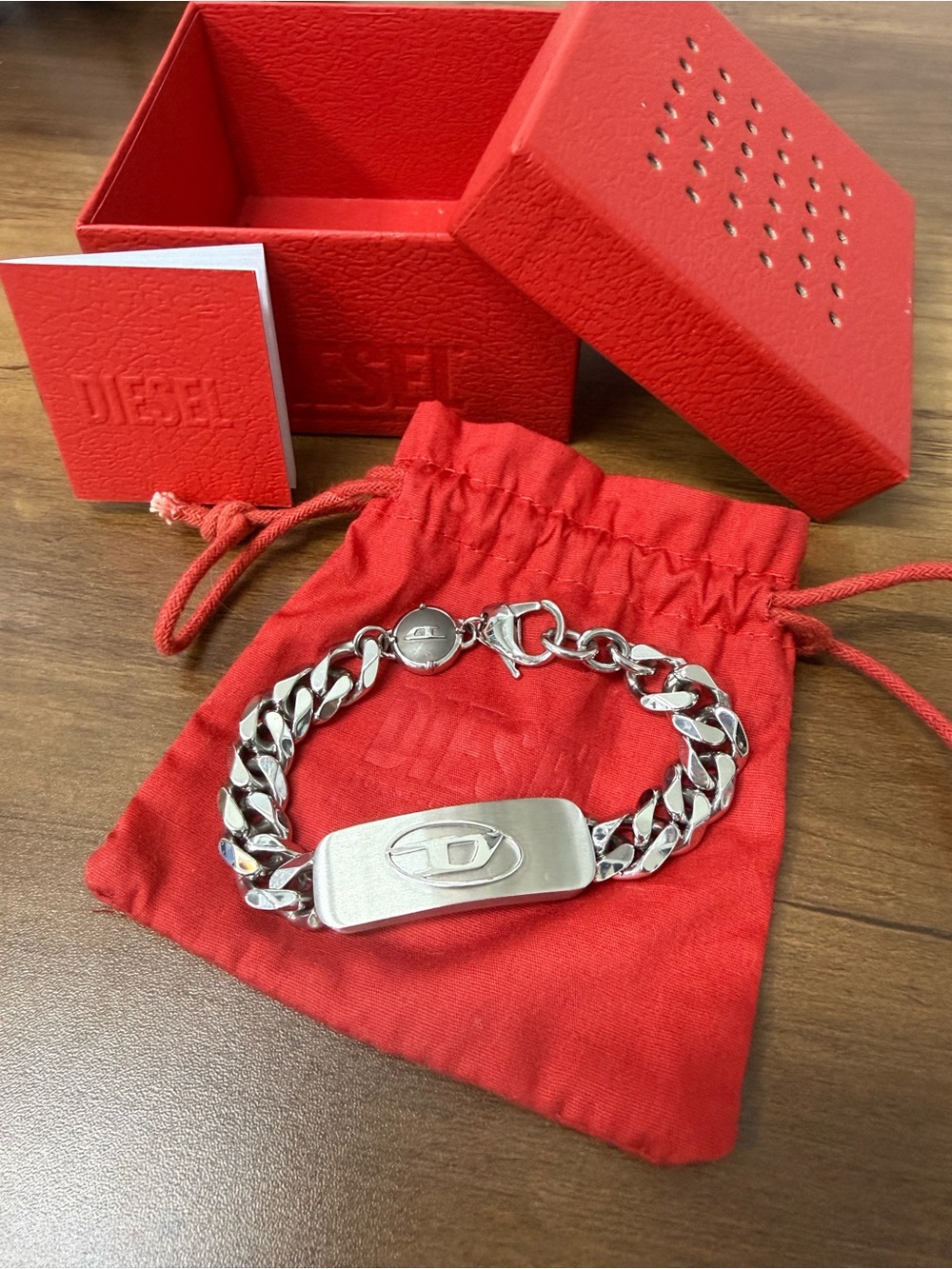 Diesel Silver-Tone ID Curb Chain Bracelet with Red Pouch